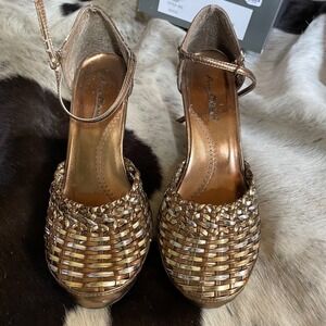 Anne Michelle Metallic Gold Woven Wedge Sandals